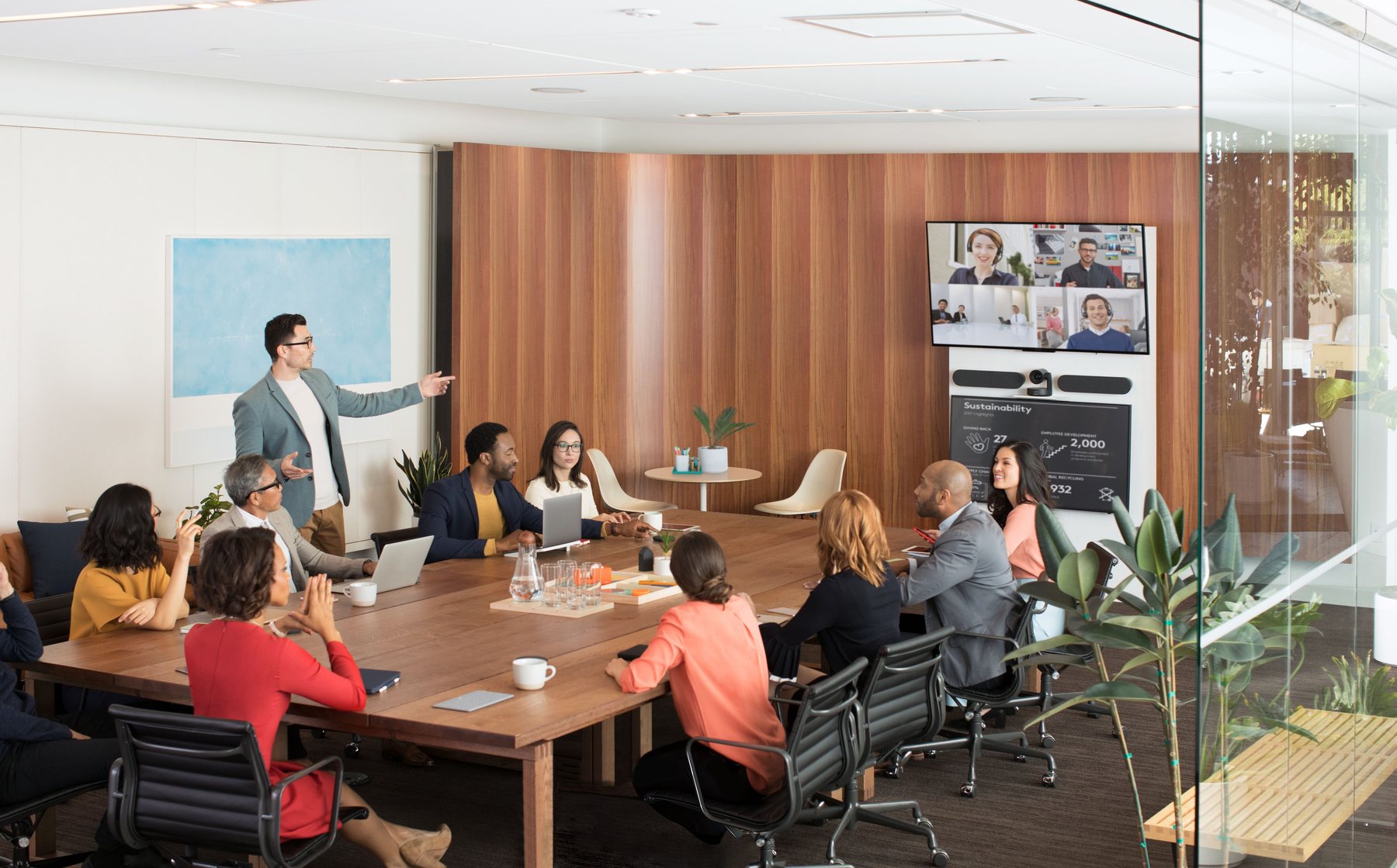 A boardroom on a hybrid call